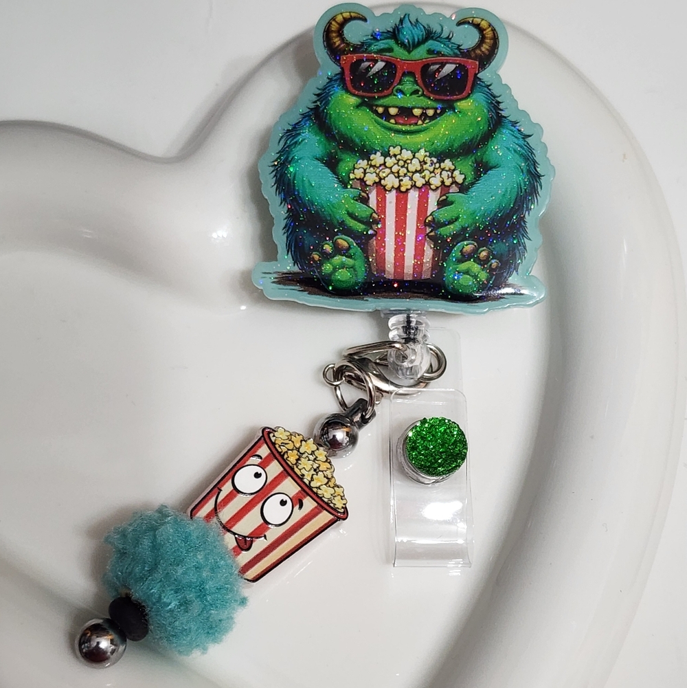 Monster Badge Reel Alligator‎ Clip ID Holder Retractable Popcorn Movies